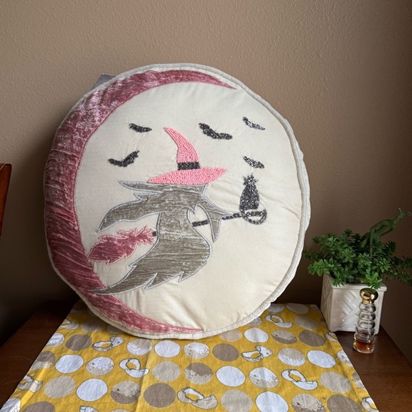 Rachel Zoe NWT ivory, pink silver beaded Witchy Moon decorative Halloween pillow - Picture 1 of 16